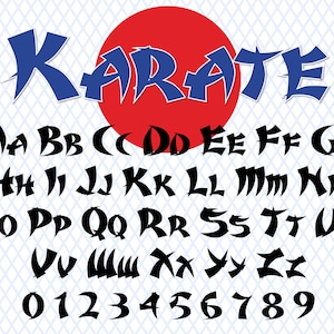May include: A black and white font alphabet with the word "KARATE" in blue and red at the top. The letters are stylized with sharp edges and a jagged appearance. The font includes uppercase letters, numbers, and a red circle with a white outline.