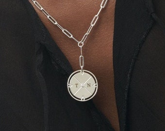 Engraved Compass Pendant Necklace with Initials • Diamond option • Silver / Gold • Custom T-Link Chain Jewelry • Women's Personalized Gift