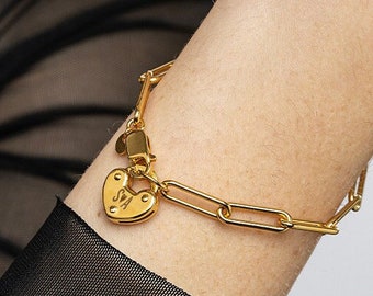 Heart Initial Lock Gold Charm Engraved Diamond Bracelet • Oak & Luna • Link Chain Custom Layering Valentines Day Jewelry Gift for Her Mom