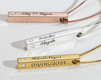 Diamond Stone Personalized Vertical Pillar 3D Bar Name Necklace • Silver or Gold • Oak and Luna Jewelry for Her Mom Wife • Mother&#39;s Day Gift