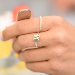 Tiny Initial Ring | Oak and Luna |  10K Gold, Silver and Vermeil with Cubic Zirconia |  Mother&#39;s Day Gift