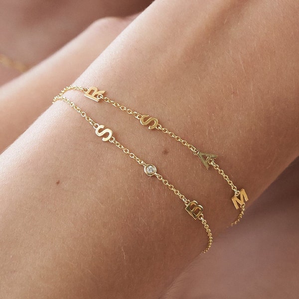 Oak and Luna Custom Inez Initial Name Bracelet • Gold Silver Diamond • Personalized Multiple Adjustable Initials Jewelry for Her Mom