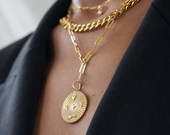 Customized Tyra 3D Initial Medallion Charm Necklace • Gold Vermeil Pendant T Link Chain Pendant Jewelry for Her Mom • Mother's Day Gift
