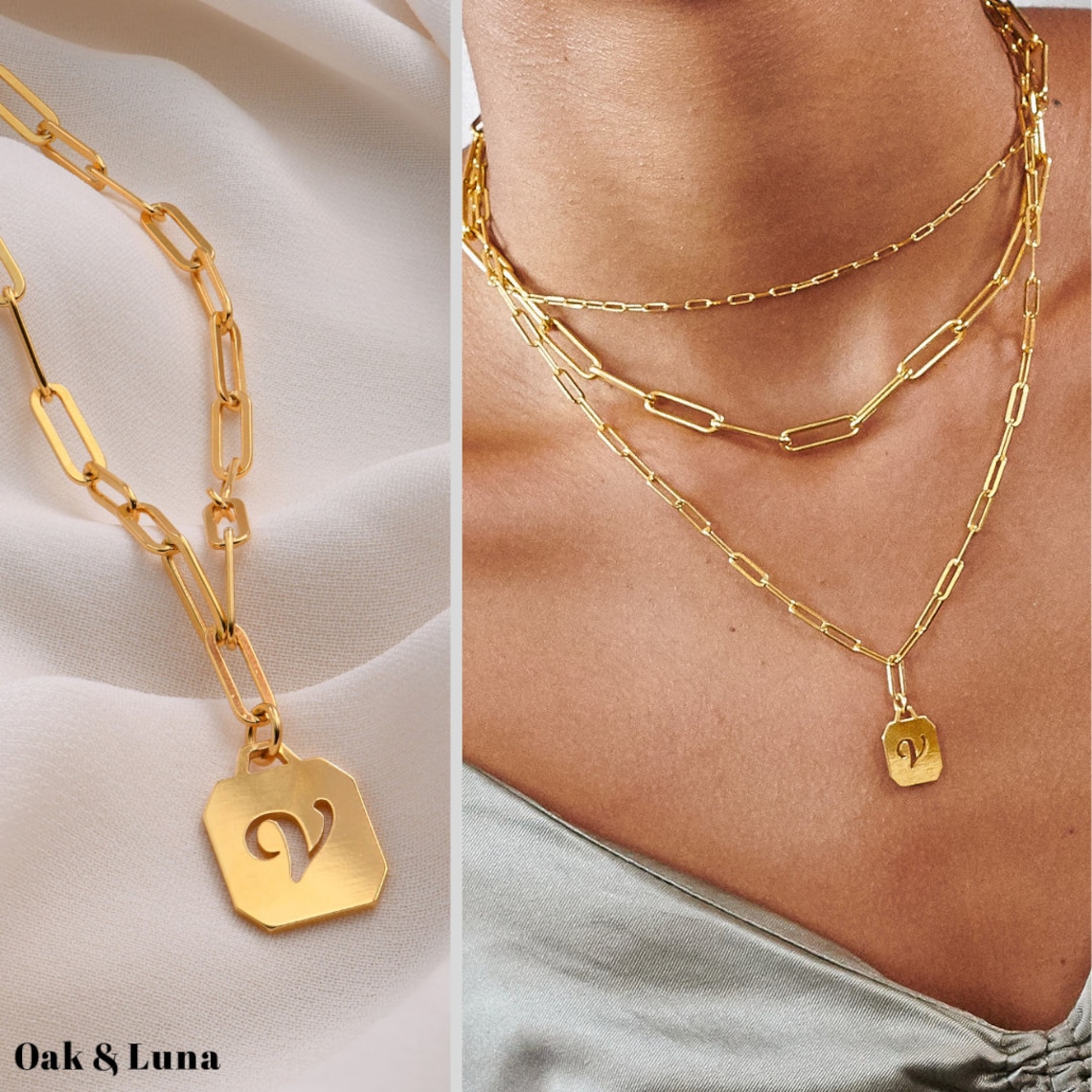 Oak and Luna Initial Tag Gold Charm Necklace Chain Reaction Etsy