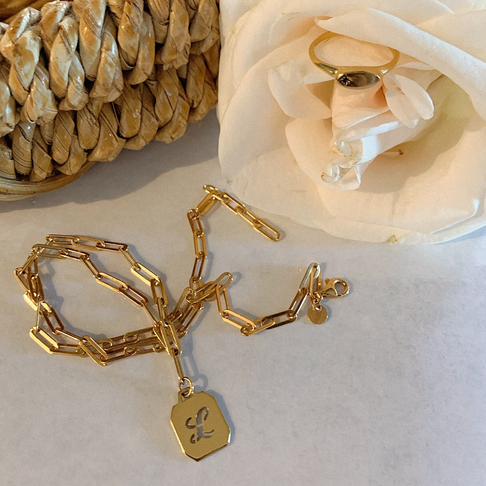 Gold Initial Tag Charm Necklace Chain Reaction Necklaces Etsy