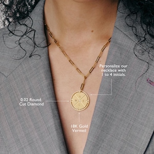 Engraved Compass Necklace | 925 Silver and Gold with Diamond | Initial Necklace for Her Custom T-Link Chain | Mother&#39;s Day Gift Ideas