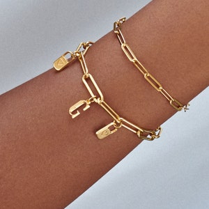 Gold Link Chain Engraved Charm The Charmer Bracelet • Stacking Personalized Charm Custom Bracelets  Jewelry Gifts for Her Mom