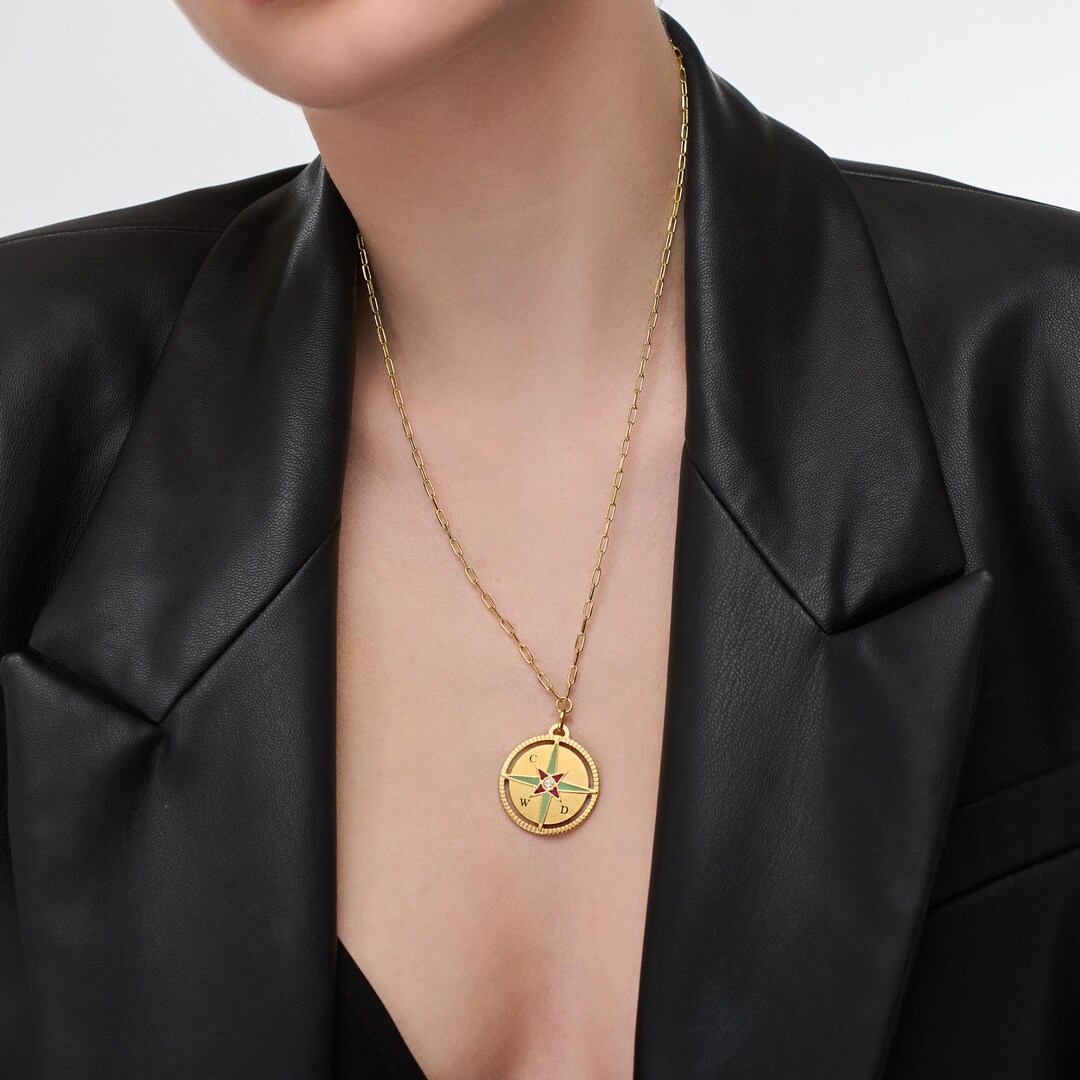 Follow the Dream Engraved Compass Necklace 925 Silver and Gold