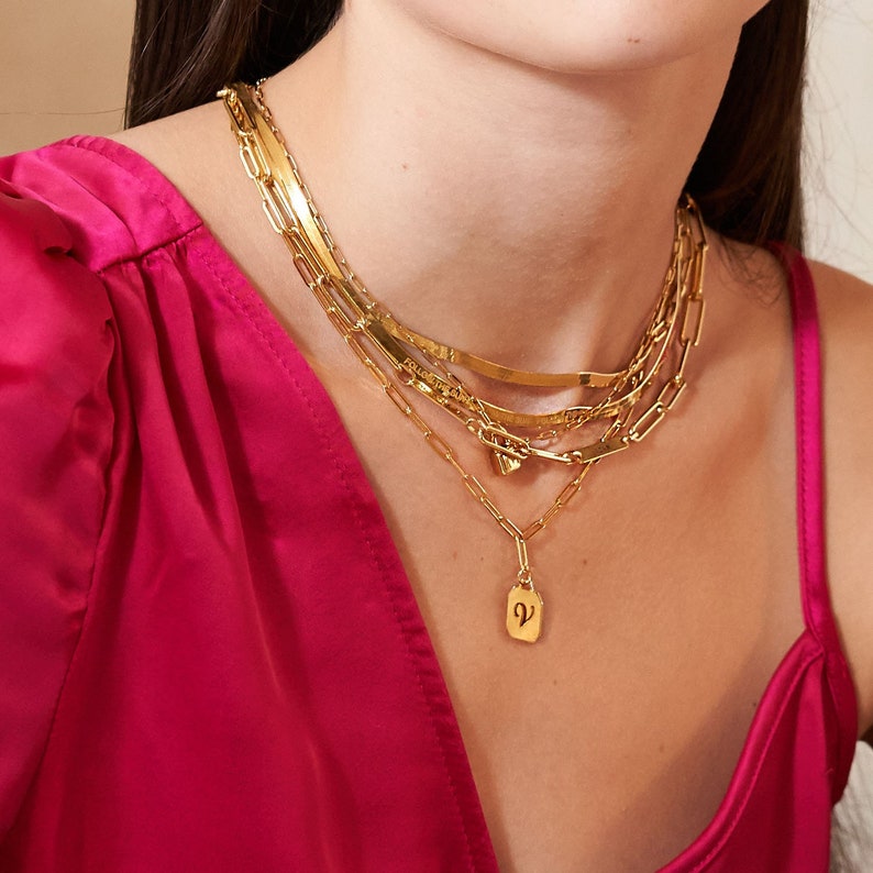 Gold Initial Tag Charm Necklace Chain Reaction Necklaces Etsy