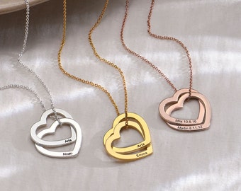 Personalized Love Locked Two Hearts Pendant Necklace • Gold Silver Interlocking Heart Jewelry for Her Mom • Mother&#39;s Day Gift