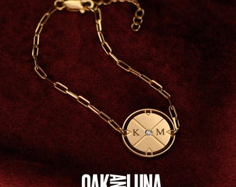 Engraved Compass Bracelet with Diamond | Oak and Luna | Silver & Gold with Diamond | Gift for Her | Mother&#39;s Day Gift