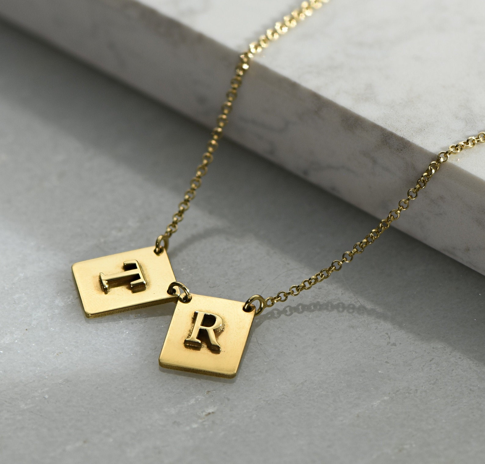Square Gold Plated Initial Charm Necklace Letter Monogram Etsy