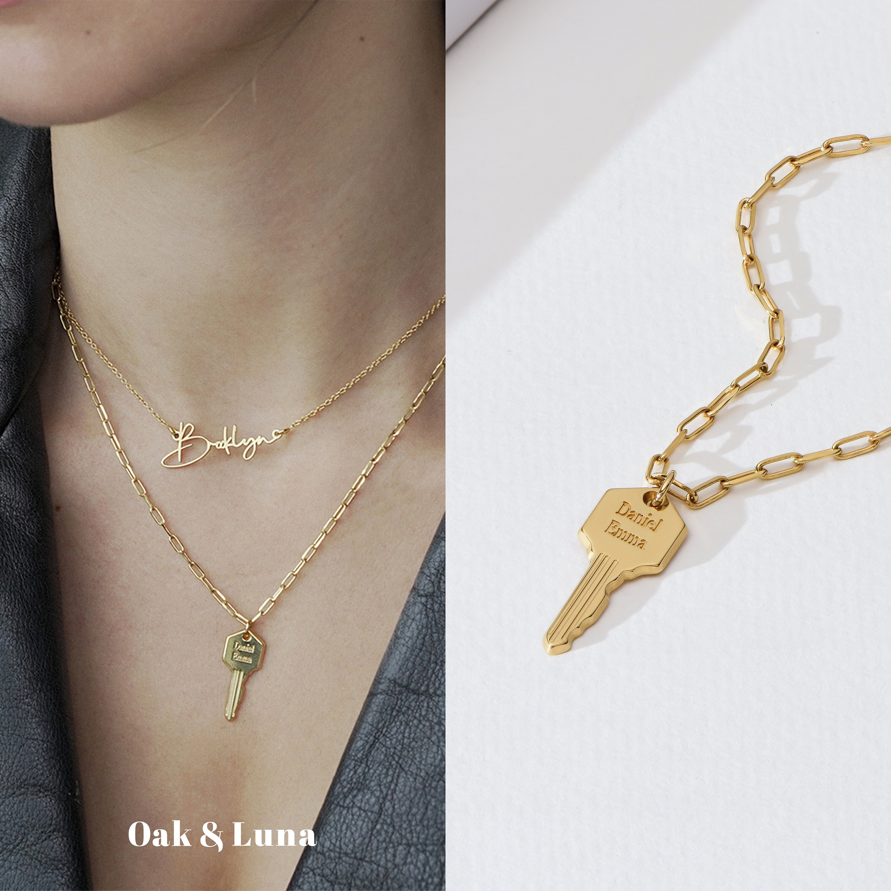 Oak&Luna Key Charm Necklace with Engraving