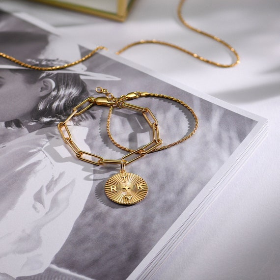Tyra Initial And Zodiac Medallion Bracelet- Gold Vermeil - Oak & Luna