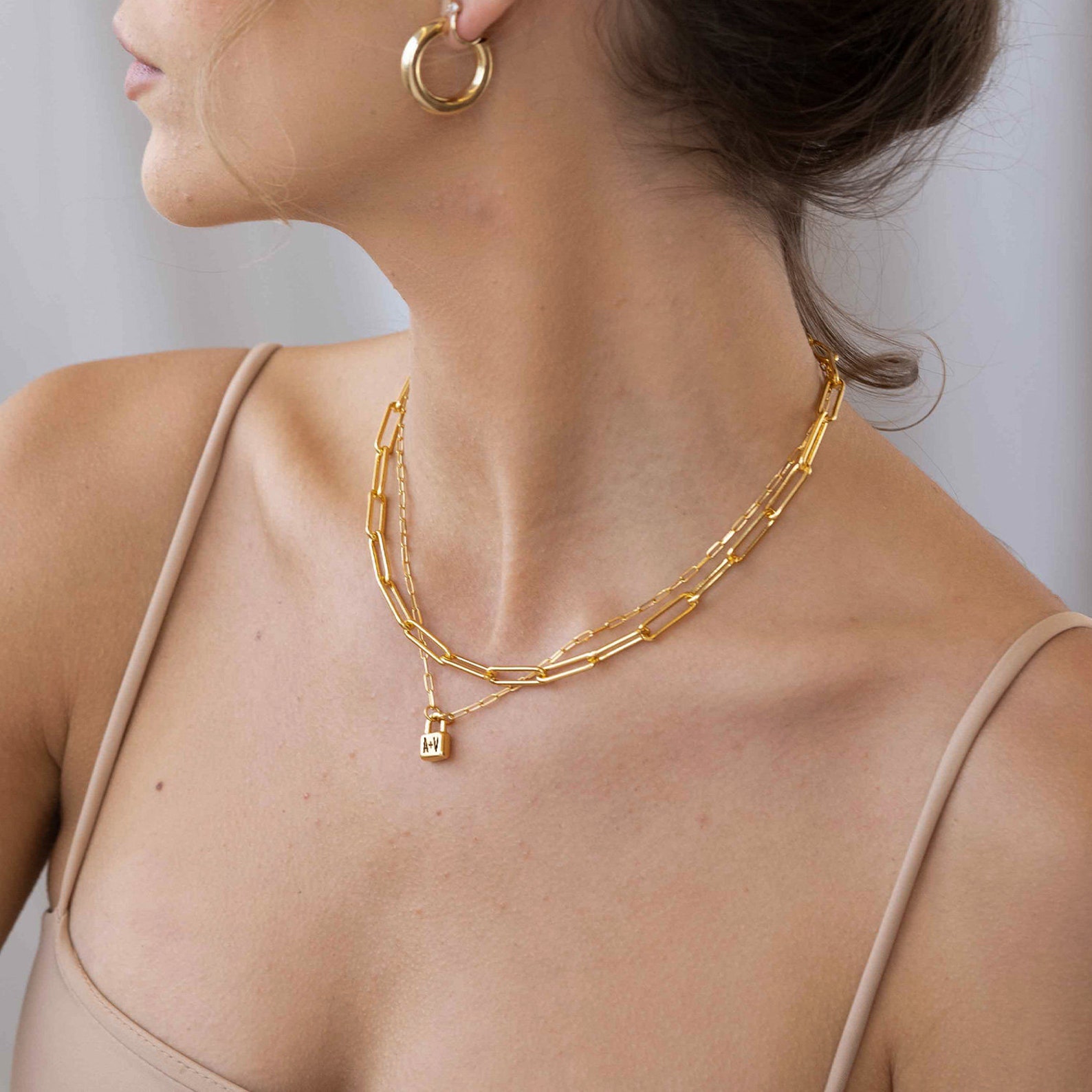 Oak and Luna Initial Lock Gold Engraved Necklace Link Chain Etsy