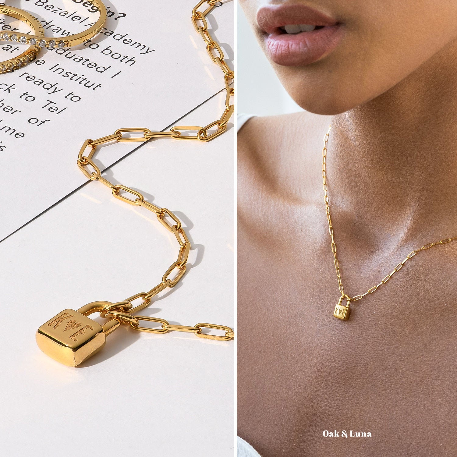 Oak and Luna Mama Initial Lock Gold Engraved Necklace Link Etsy