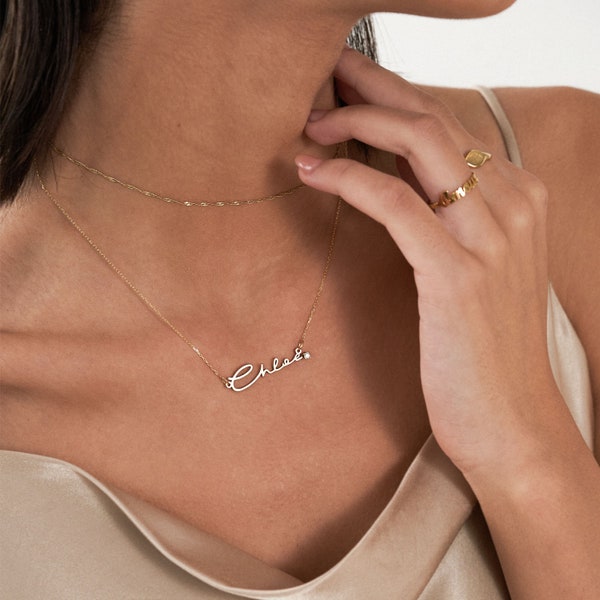 Personalized Minimalist Name Necklace Diamond• 14K Gold Oak and Luna Signature Handwritten Nameplate Jewelry for Her Mom • Mother's Day Gift