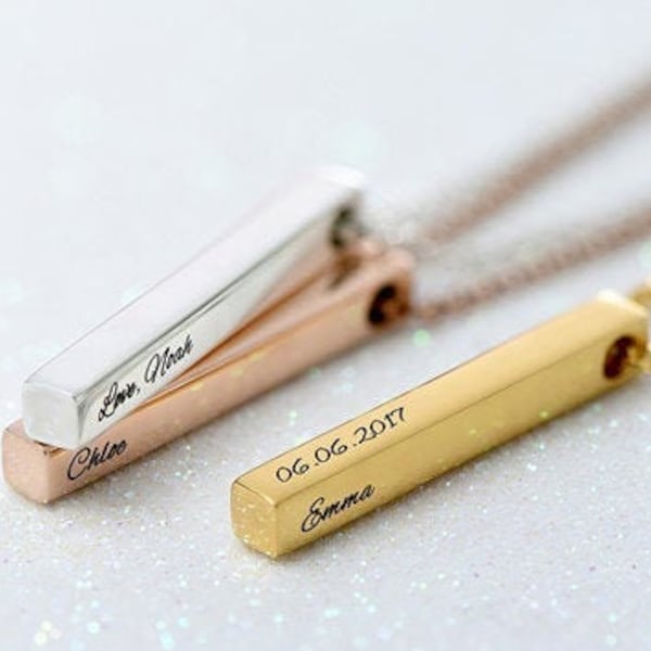 Oak and Luna Engraved 3D Bar Diamond Necklace • Silver 925 Personalized Vertical Pendant• Custom Jewelry Her Mom Grandma • Mother's Day Gift