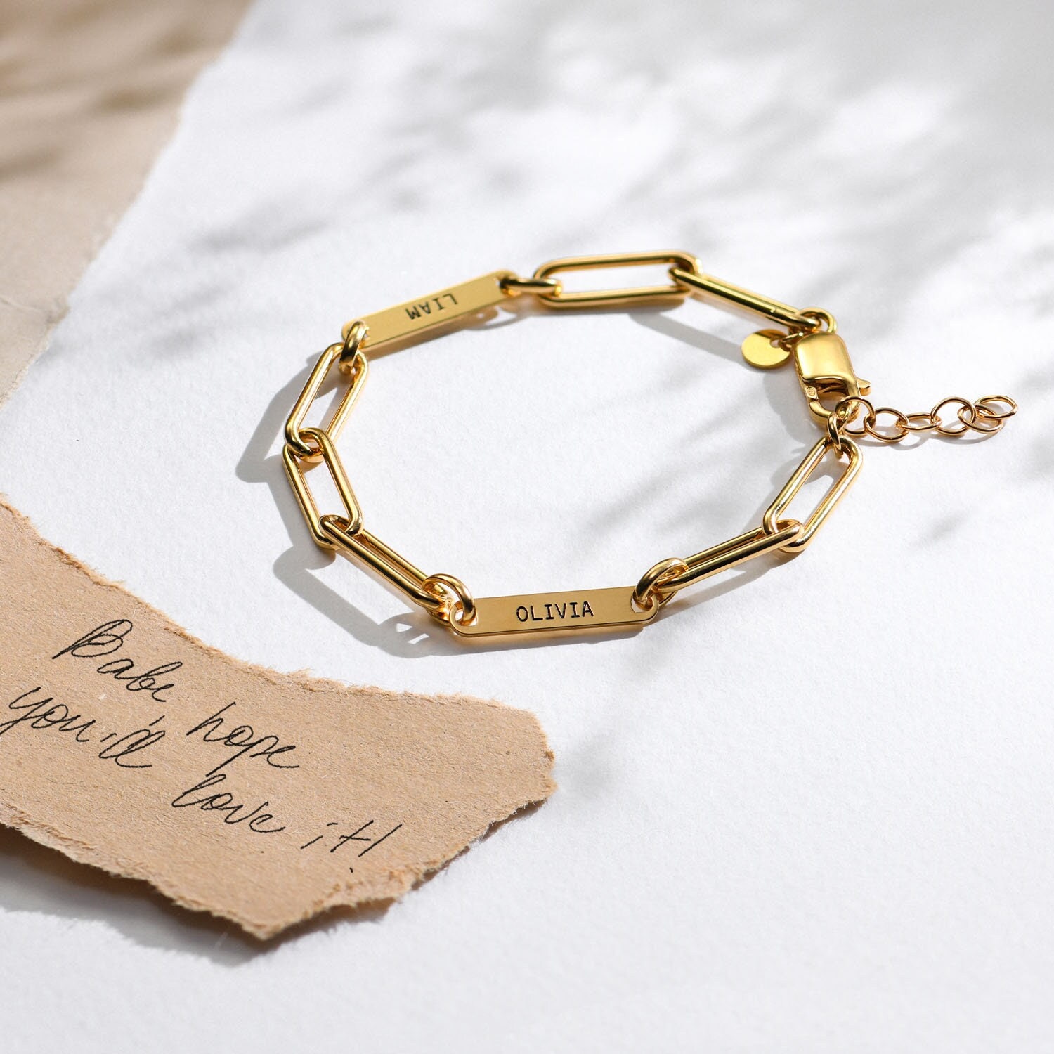 Ivy Name Paperclip Chain Bracelet - Gold Vermeil - Oak & Luna