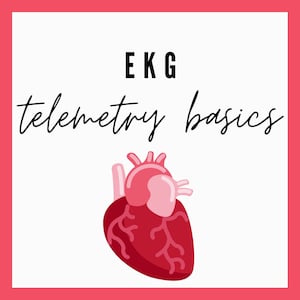 May include: A red heart with a pink top and veins, with the text "EKG telemetry basics" above it.
