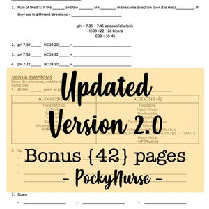 May include: A yellow and white printable worksheet with the title "Acid-Base Balance/Ventilators". The worksheet includes a table with the headings "Alkalosis" and "Acidosis". The table lists symptoms of each condition. The worksheet also includes a section titled "Bonus {42} pages - Pocky Nurse -"