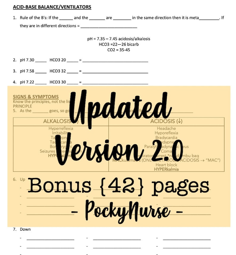 May include: A yellow and white printable worksheet with the title "Acid-Base Balance/Ventilators". The worksheet includes a table with the headings "Alkalosis" and "Acidosis". The table lists symptoms of each condition. The worksheet also includes a section titled "Bonus {42} pages - Pocky Nurse -"