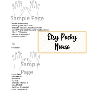May include: A black and white illustration of two hands with fingers representing different medications. The hands are labeled with the letters "HEPARIN" and "COUMADIN". The text "Sample Page" appears above the hands. The text "Etsy Pocky Nurse" appears in a yellow box.