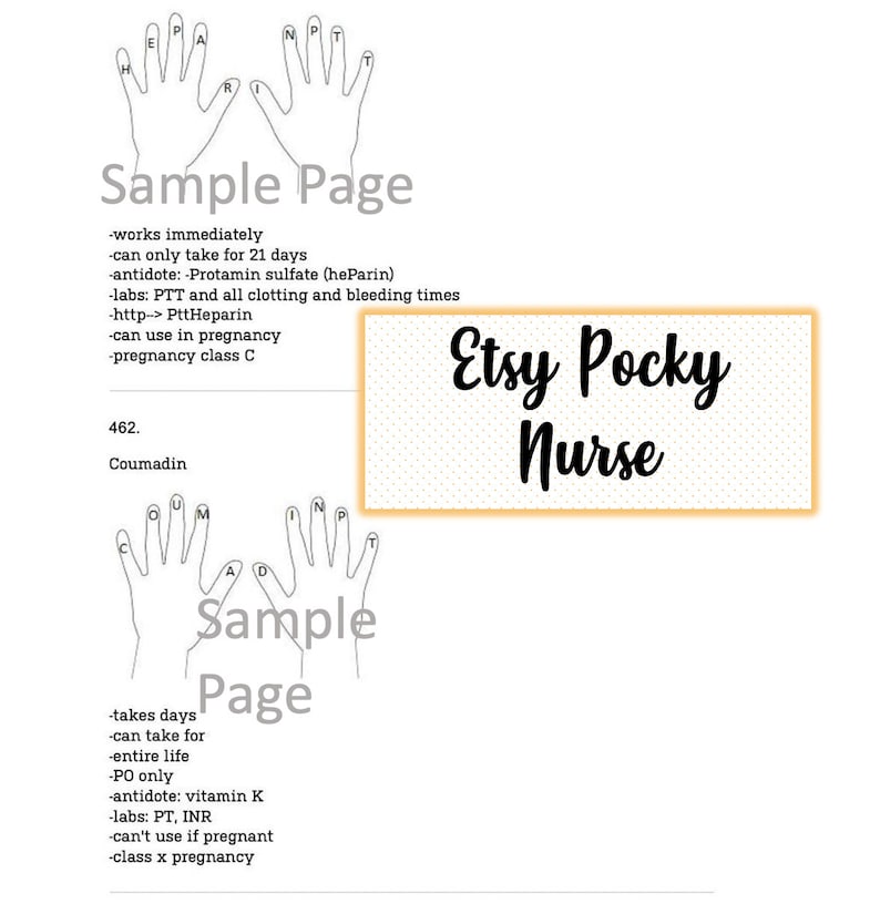 May include: A black and white illustration of two hands with fingers representing different medications. The hands are labeled with the letters "HEPARIN" and "COUMADIN". The text "Sample Page" appears above the hands. The text "Etsy Pocky Nurse" appears in a yellow box.