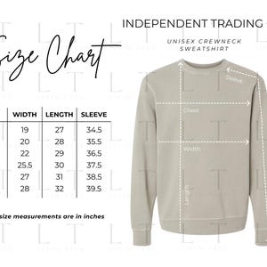 Independent Trading Co Size Chart | Hanging Size Chart | Crewneck Pigment Mockup and size chart | White background Crewneck Size Guide PNG