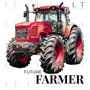 May include: A red tractor with black tires and rims, featuring the text "FUTURE FARMER" in black. The tractor has a detailed design with visible windows, lights, and exhaust pipes, set against a white background.