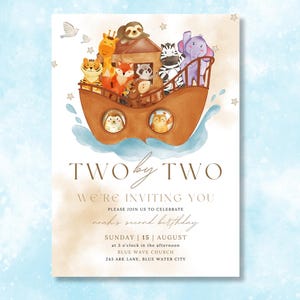 Editable Noah&#39;s Ark Birthday Invitation Template, Noah&#39;s Ark Invitation, Noahs Ark Invitation Template, Watercolor Noah&#39;s Ark invitation