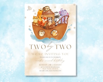 Könnte beinhalten: Eine Aquarell-Illustration einer braunen Arche mit verschiedenen Tieren an Bord, darunter ein Zebra, ein Elefant, eine Giraffe und ein Faultier. Der Text "TWO by TWO WE'RE INVITING YOU" ist in goldenen Buchstaben geschrieben. Der Text "noah's second birthday" ist in Kursivschrift geschrieben. Der Text "SUNDAY | 15 | AUGUST" ist in schwarzen Buchstaben geschrieben. Der Text "at 3 o'clock in the afternoon" ist in schwarzen Buchstaben geschrieben. Der Text "BLUE WAVE CHURCH" ist in schwarzen Buchstaben geschrieben. Der Text "243 ARK LANE, BLUE WATER CITY" ist in schwarzen Buchstaben geschrieben.
