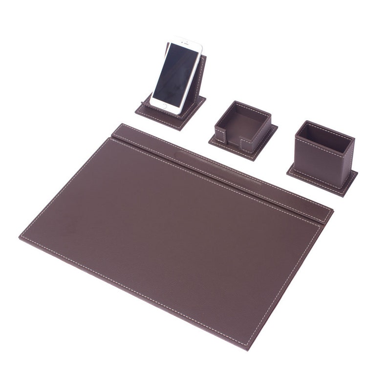 Vega Leather Desk Set With 4 Accessories Brown Mobile Phone Holder Pen Holder Desk Pad Desk Accessories Handmade Carton boxed image 1