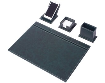 Vega Leather Desk Set With 4 Accessories Green