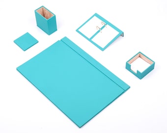Aspendos Leather Desk Set 5 Accessories Turquoise
