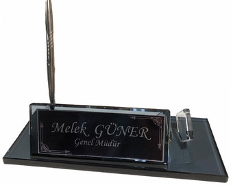 Güner Ofis Black Glass Desk Name Plate | Custom Made | Personalized Desk Name Plate | Free Shipping | Worldwide Delivery | Silver Accessory