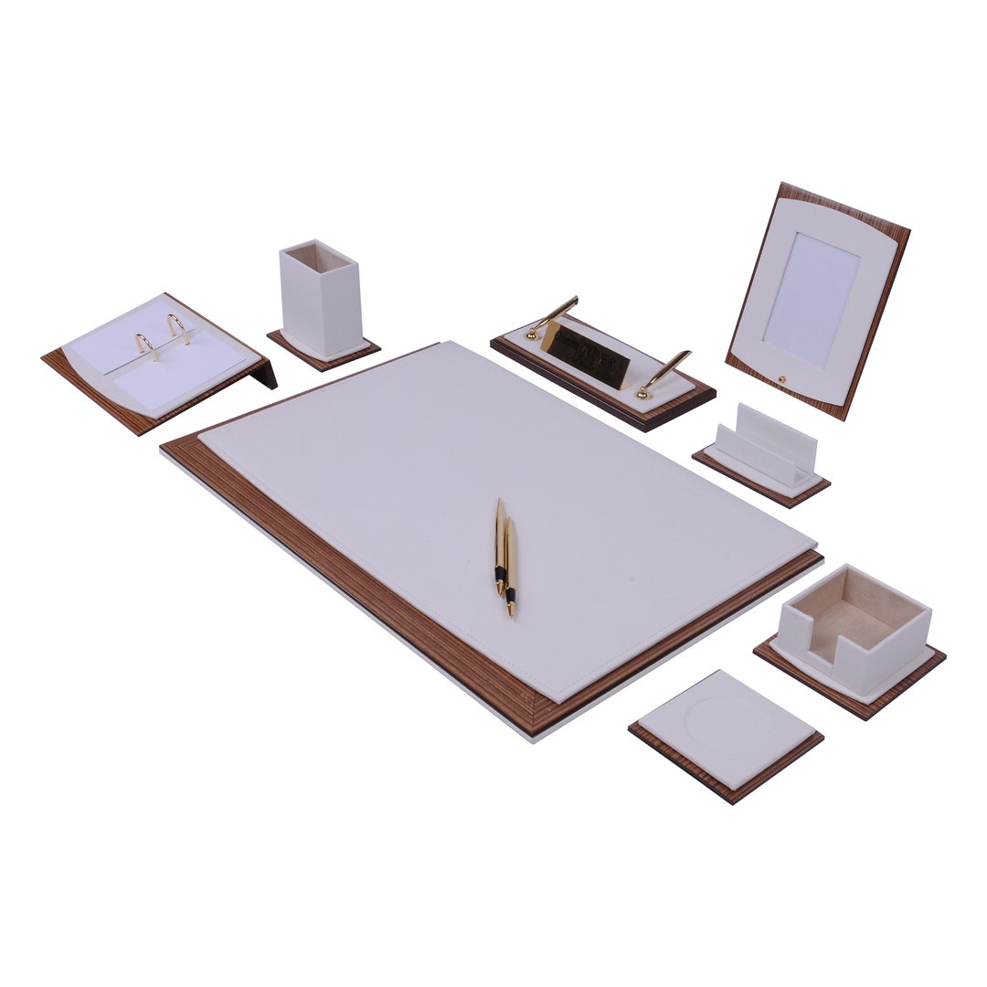 Leather Desk Set, Leather Desk Organizer, Wooden Desk Set, Lux Leather