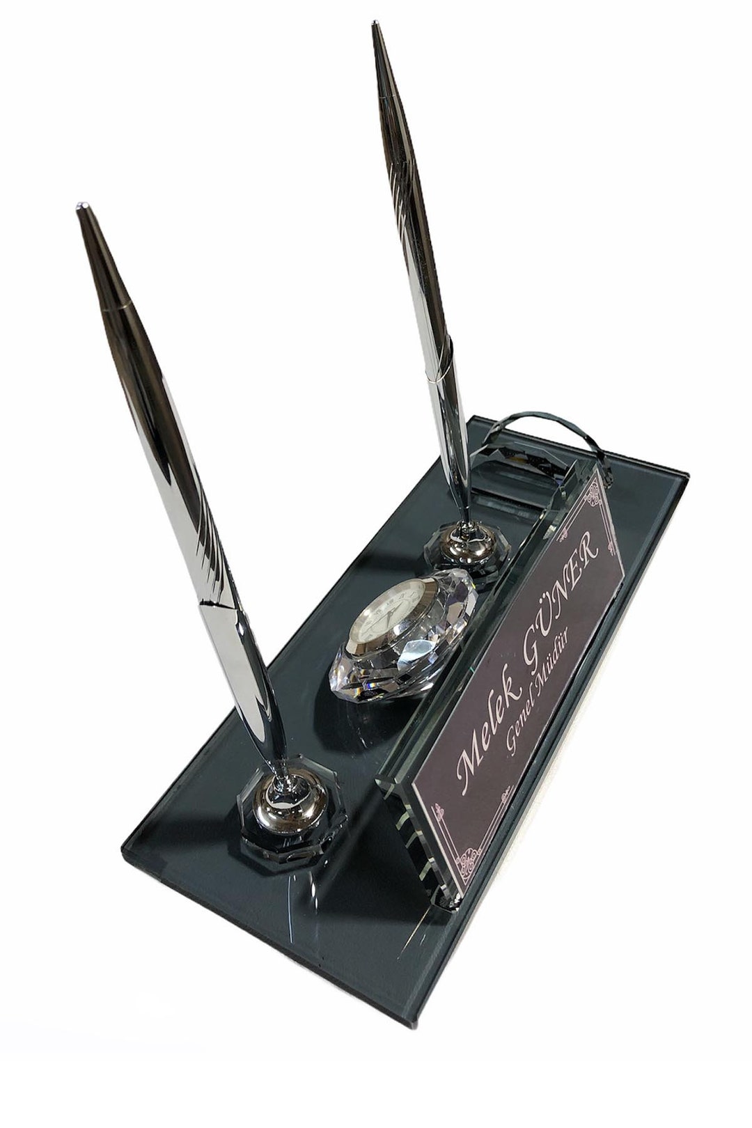 Black Glass Desk Name Plate With Clock Custom Made Personalized Desk