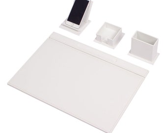 Set da scrivania in pelle Vega con 4 accessori bianco