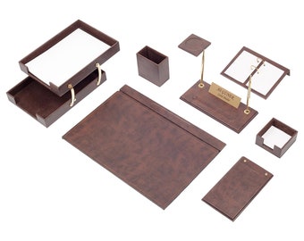 Set da scrivania di lusso in pelle marrone 10 accessori / Regali della migliore qualità / Regali personalizzabili per lui / Spedizione gratuita