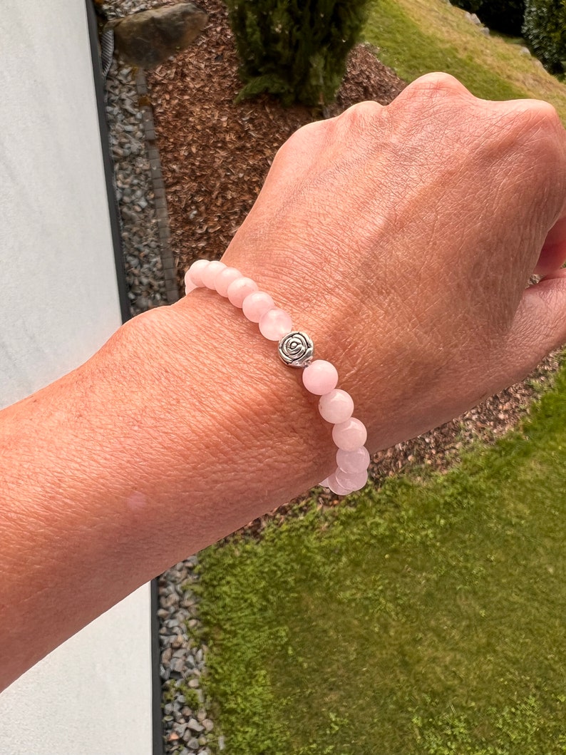 Pearl bracelet made of 6 mm ROSE QUARTZ beads with a silver rose at the end, semi-precious stones, pearls, gemstones image 3