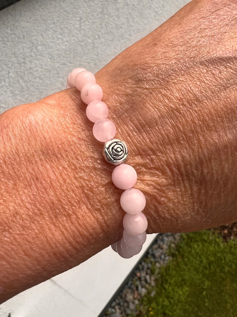 Pearl bracelet made of 6 mm ROSE QUARTZ beads with a silver rose at the end, semi-precious stones, pearls, gemstones image 4