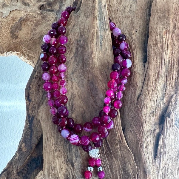 Mala ketting “ACHAT roze”, zilveren afwerking - 8 en 6 mm gefacetteerde kralen