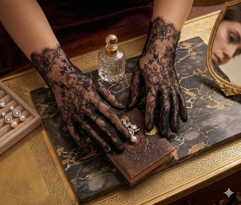 May include: Black lace gloves with intricate floral patterns are displayed on a marble surface. A vintage perfume bottle, a small antique book, and a jewelry box with pearl earrings are also visible. A small mirror reflects a person's face.