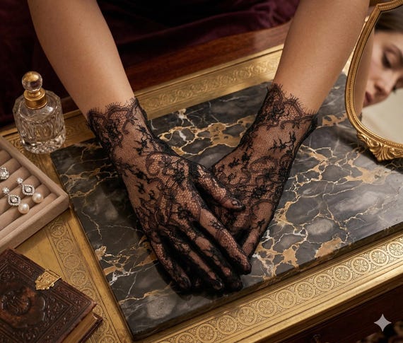 Luxuriuos elegant Black Lace Gloves | Sheer Floral Vintage Style Evening Gloves