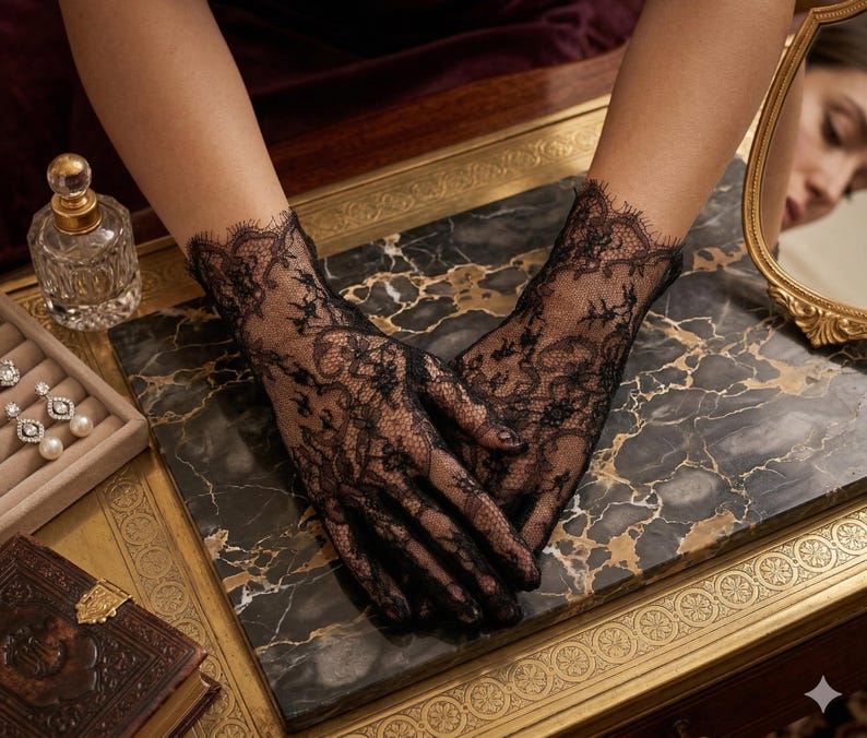 May include: Black lace gloves with intricate floral patterns. The gloves are displayed on a marble surface, with a gold-framed mirror and jewelry box in the background. The gloves have a delicate, scalloped edge.