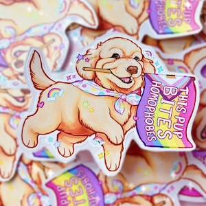 Ten szczeniak gryzie homofobów, naklejka winylowa z flagą Gay Pride Puppy