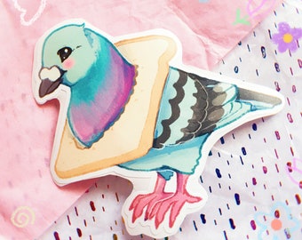 May include: A sticker of a cartoon pigeon wearing a slice of bread as a hat. The pigeon is blue, green, and purple with pink feet. The bread is white and brown.