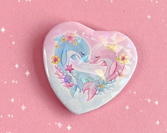 Kawaii Dolphins in Love Heart Shaped Button Badge