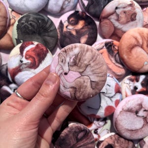 Op de afbeelding: Een verzameling ronde, kleurrijke knopen met illustraties van slapende honden. De knopen tonen verschillende rassen in verschillende kleuren, waaronder bruin, wit en zwart. Eén knoop wordt in een hand gehouden en toont een lichtbruine hond op een roze achtergrond.